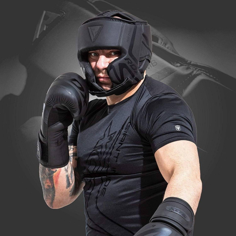 Боксерский шлем RDX T15 Noir Cheek Protector Matte Black XL (капа в комплекте)