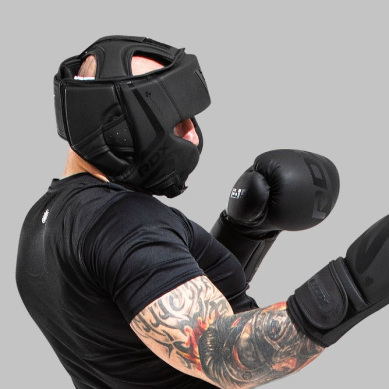 Боксерский шлем RDX T15 Noir Cheek Protector Matte Black XL (капа в комплекте)