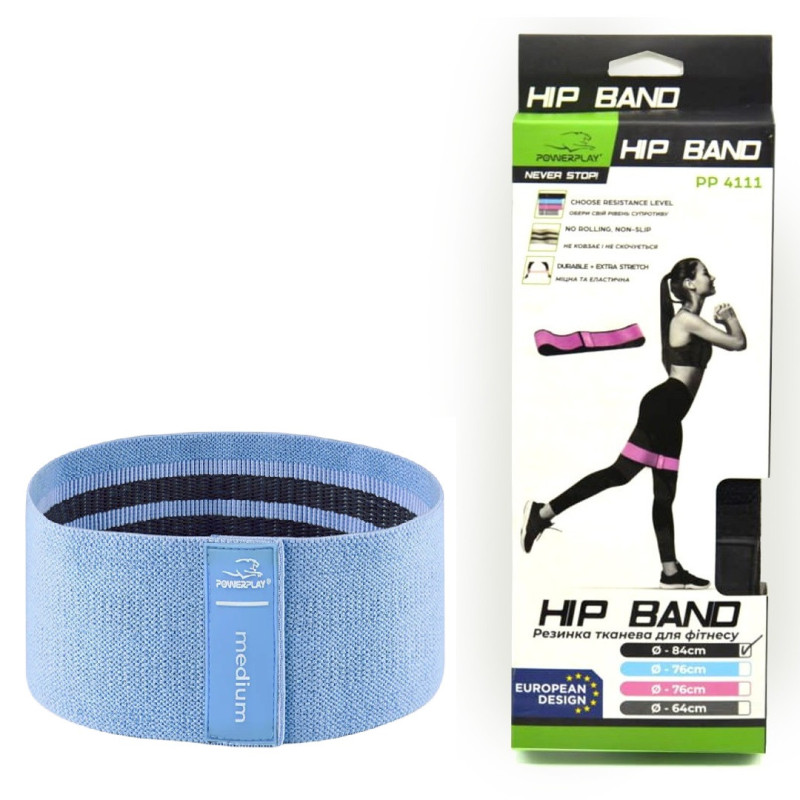 Тканева гумка для фітнесу та спорту PowerPlay 4111 Hip Band M Medium Блакитна (d_76cm)