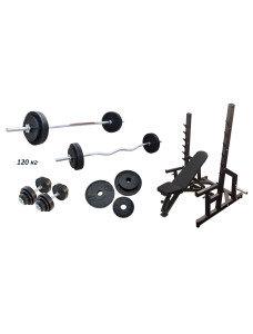 Скамейка PE208 + Стойки Black Rock + 4 грифа + Набор металлических резиновых дисков 120 кг