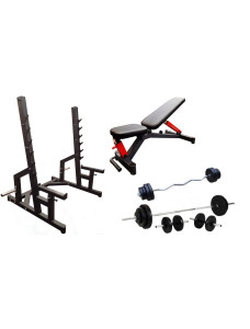 Профессиональная скамейка со стойками RN-Sport black rock + 4 грифа, 80 кг дисков