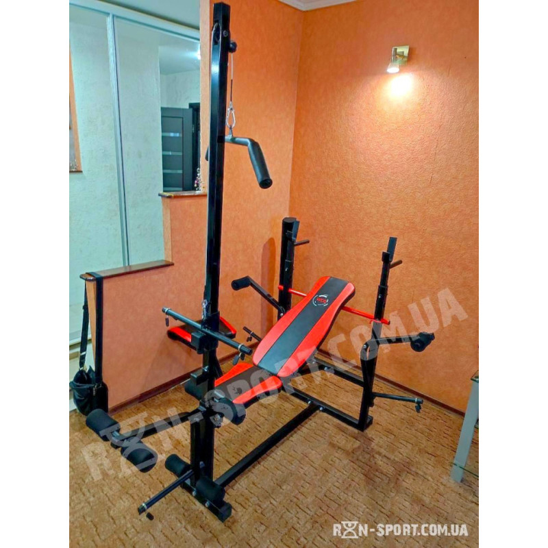 Лавка з верхньою тягою + 4 грифи + 75 кг дисків з покриттям ABS