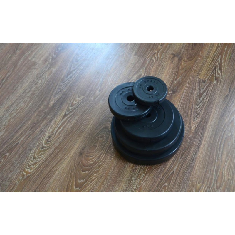 67 кг (2х1.25, 2х2.5, 2x5, 2х10 та 2x15) дисків, покритих пластиком (31 мм)