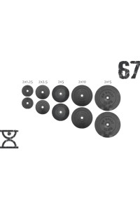67 кг (2х1.25, 2х2.5, 2x5, 2х10 и 2x15) дисков, покрытых пластиком (31 мм)