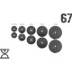 67 кг (2х1.25, 2х2.5, 2x5, 2х10 та 2x15) дисків, покритих пластиком (31 мм)